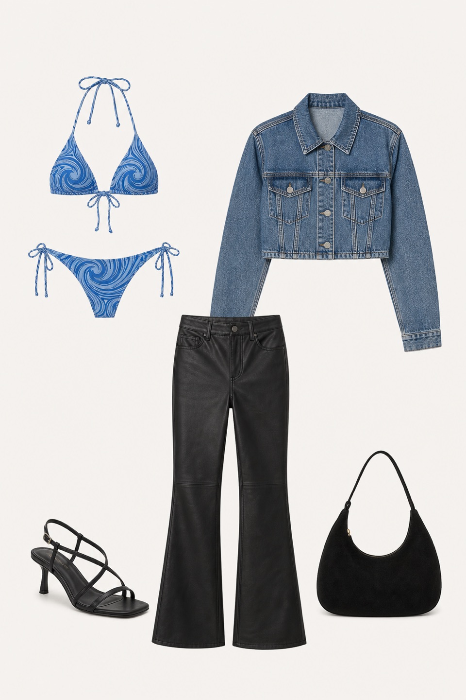 Outfit with blue spiral print bikini set, Black Leather Flare Pants, Cropped Denim Jacket curated by @dopasnap