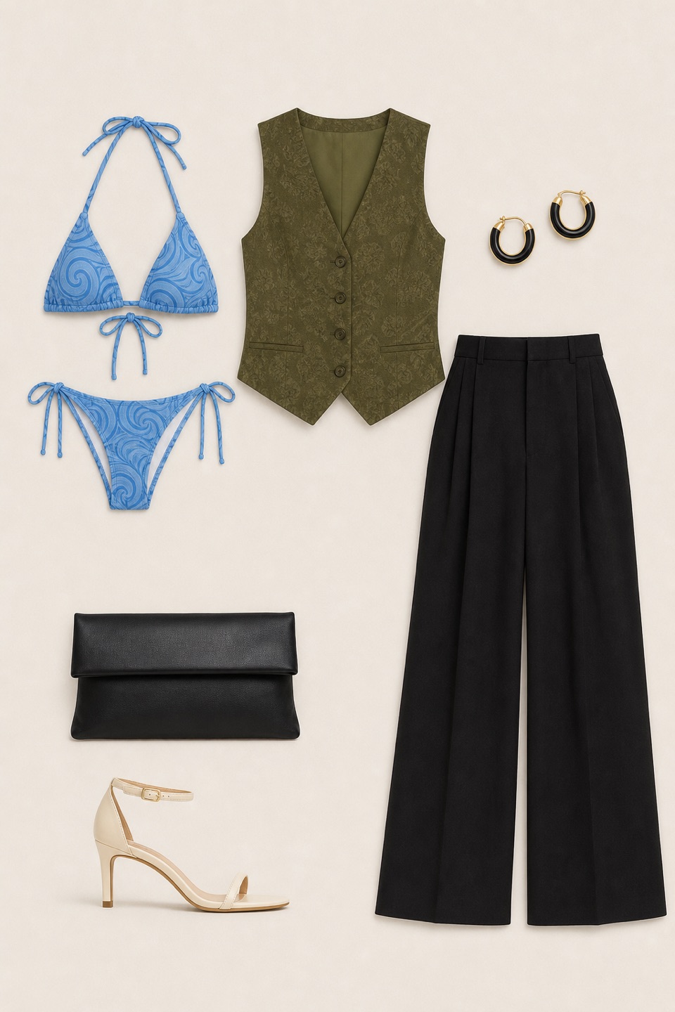 Outfit with blue spiral print bikini set, black tall high-waist wide-leg trousers, Fancy vest Olive green curated by @dopasnap