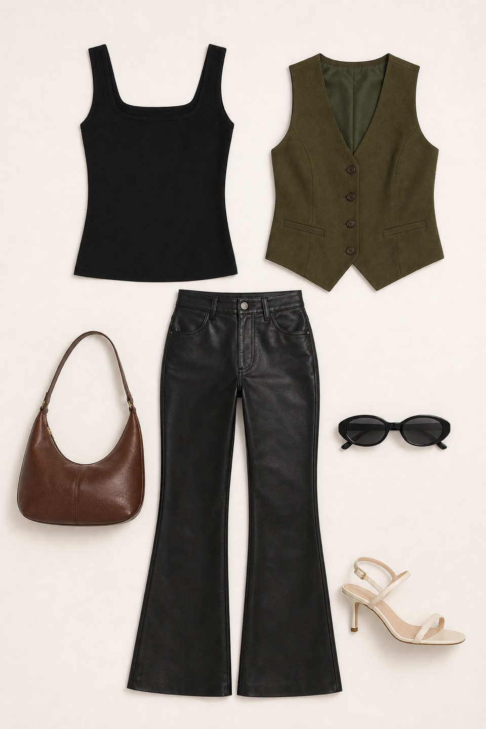 Outfit with black square neck tank top, Black Leather Flare Pants, Fancy vest Olive green curated by @dopasnap