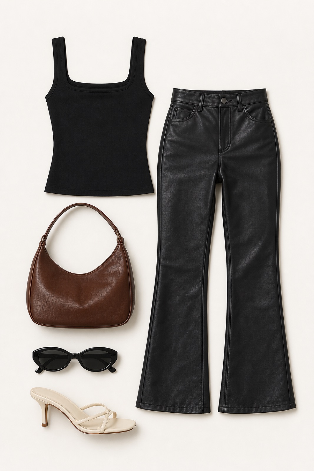 Outfit with black square neck tank top, Black Leather Flare Pants, Cream leather minimal strap heeled sandal curated by @dopasnap