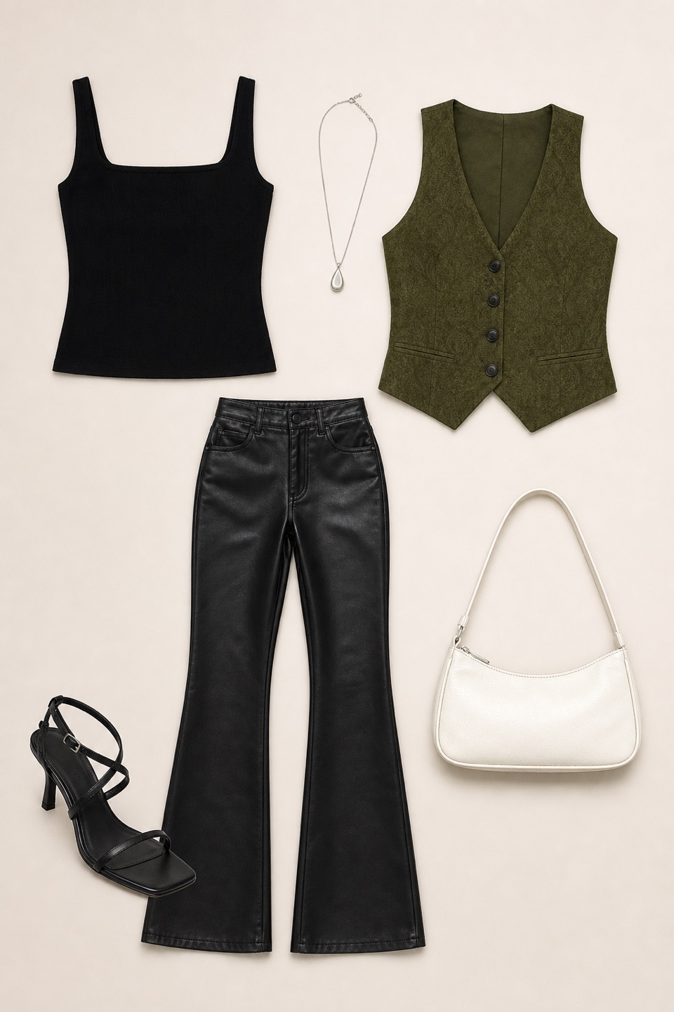 Outfit with black square neck tank top, Black Leather Flare Pants, Fancy vest Olive green curated by @dopasnap