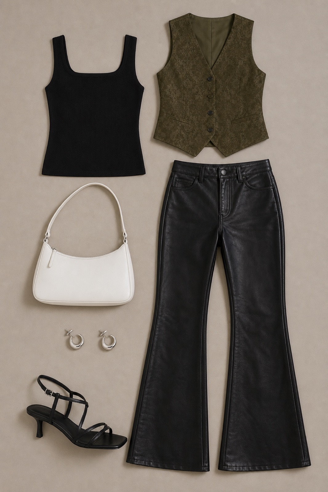 Outfit with black square neck tank top, Black Leather Flare Pants, Fancy vest Olive green curated by @dopasnap
