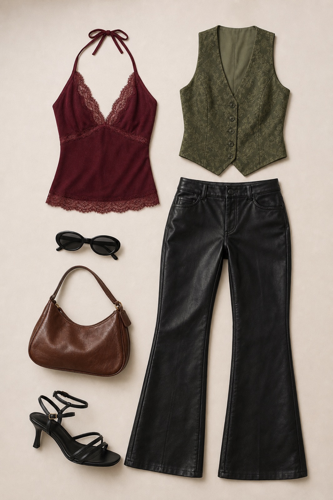 Outfit with burgundy lace-trim halter camisole top, Black Leather Flare Pants, Fancy vest Olive green curated by @dopasnap