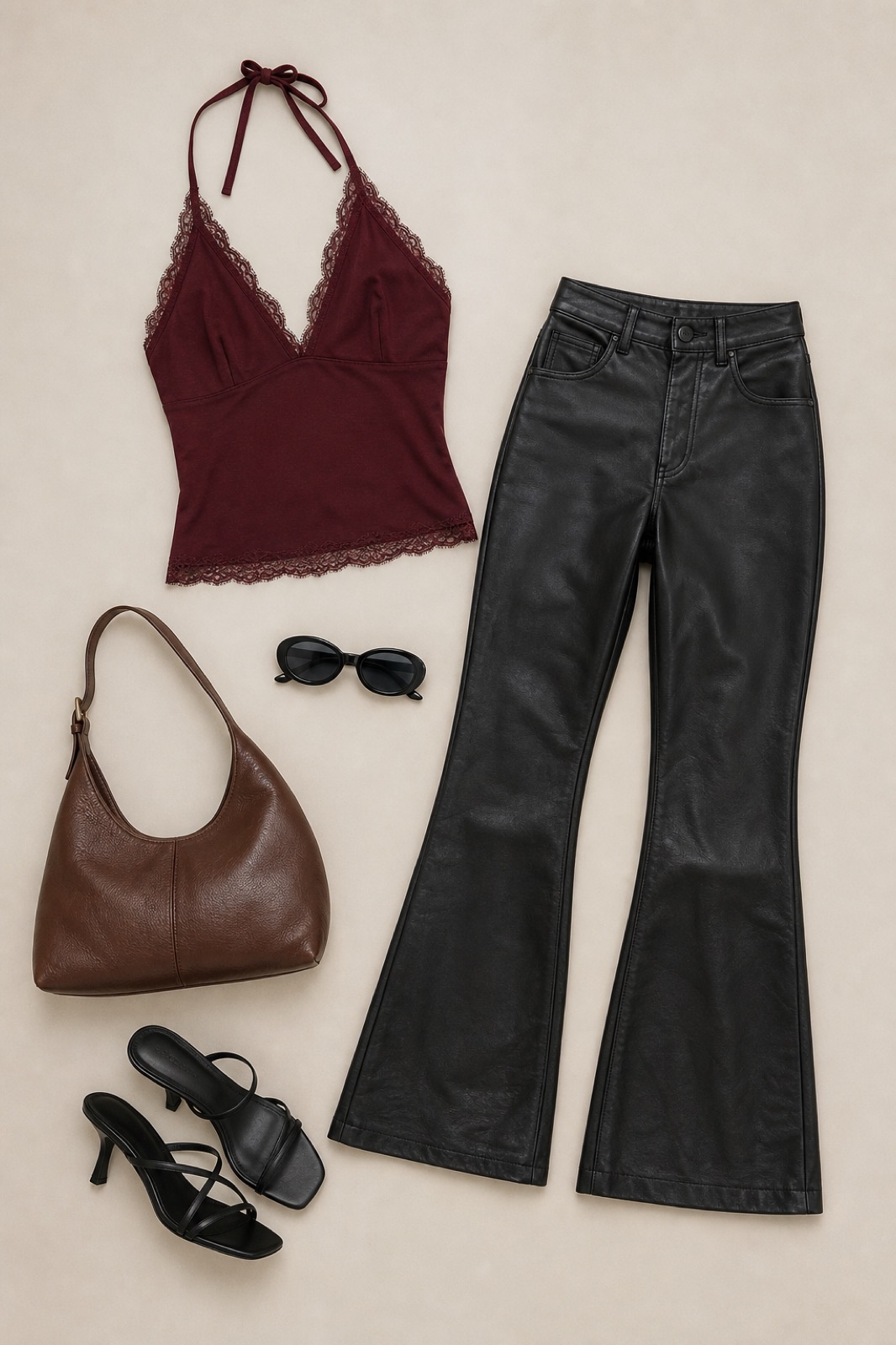 Outfit with burgundy lace-trim halter camisole top, Black Leather Flare Pants, Black strappy leather heel sandals curated by @dopasnap