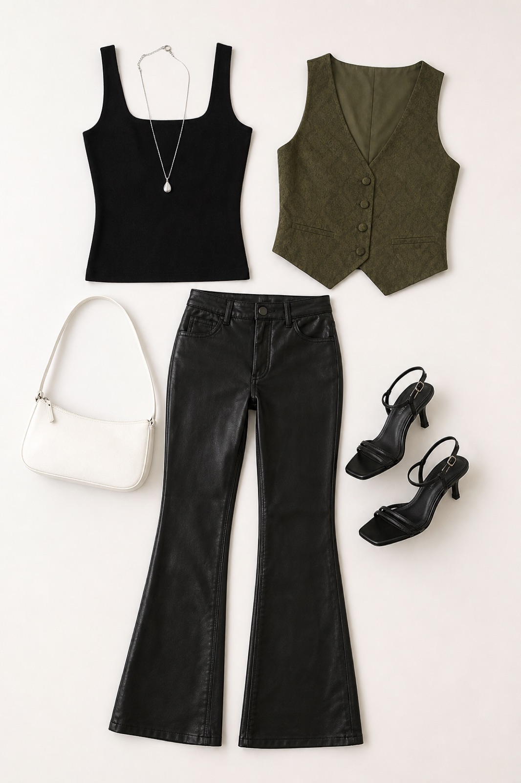 Outfit with black square neck tank top, Black Leather Flare Pants, Fancy vest Olive green curated by @dopasnap