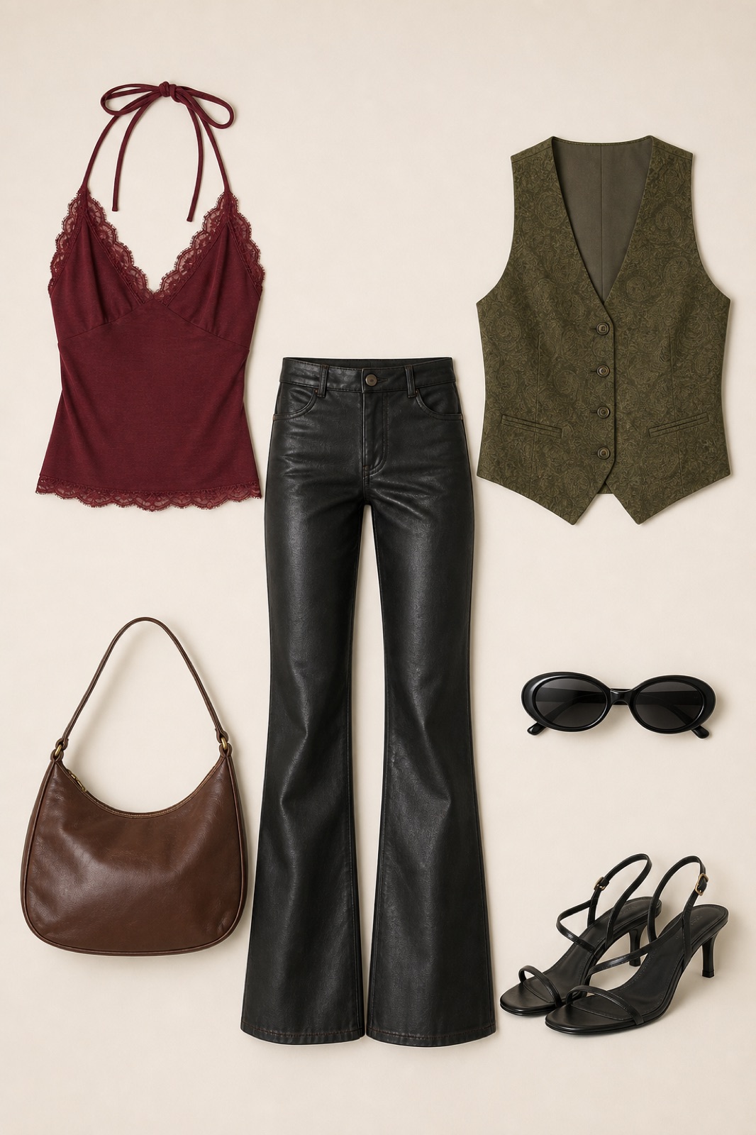 Outfit with burgundy lace trim halter cami top, Black Leather Flare Pants, Fancy vest Olive green curated by @dopasnap