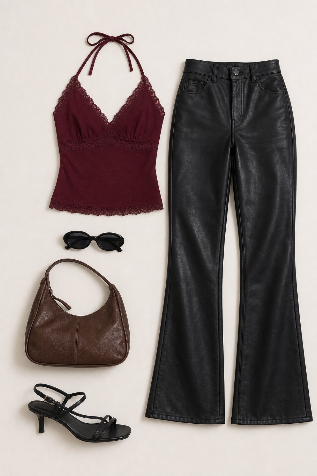 Outfit with burgundy lace trim halter cami top, Black Leather Flare Pants, Black strappy leather heel sandals curated by @dopasnap