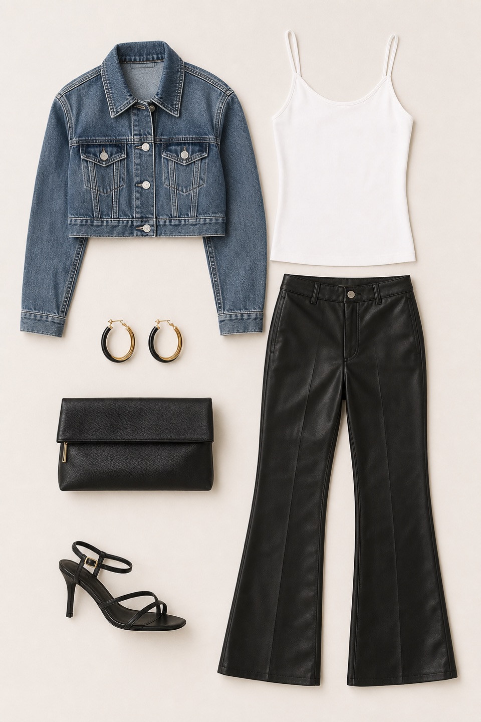 Outfit with White Camisole Tank Top, Black Leather Flare Pants, Cropped Denim Jacket curated by @dopasnap