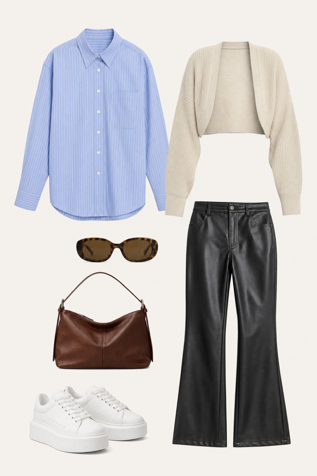 Outfit with Blue Striped Button-Up Shirt, Black Leather Flare Pants, Open Front Ribbed Knit Crop Bolero Drop Shoulder Long Sleeve Solid Loose Fit Knitted Crop Cardigan Shrug curated by @dopasnap