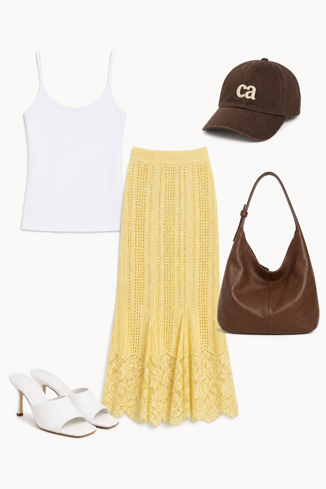Outfit with White Camisole Tank Top, Self-Portrait Pointelle Knit with Lace Skirt, White Mule Heels curated by @dopasnap