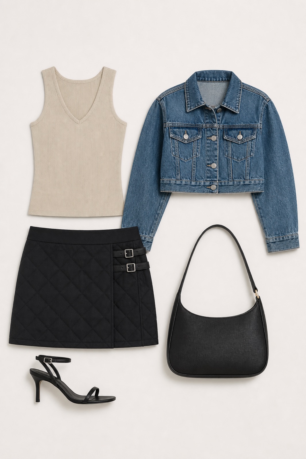 Outfit with V-Neck Tank Top, Burberry Quilted Cotton Mini Skirt, Cropped Denim Jacket curated by @dopasnap