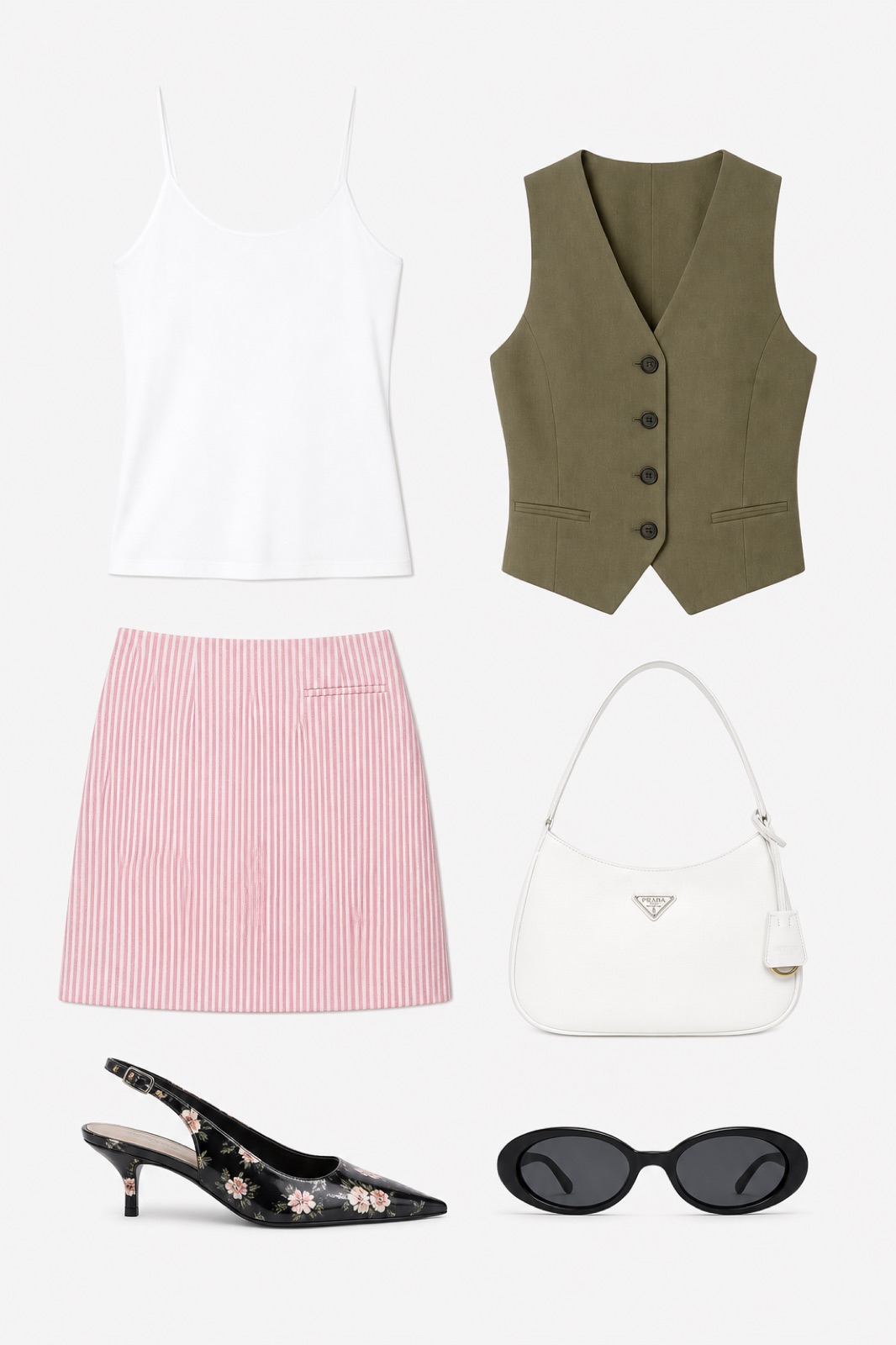 Outfit with White Camisole Tank Top, Prada Striped Cotton Piquet Skirt, Fancy vest Olive green curated by @dopasnap