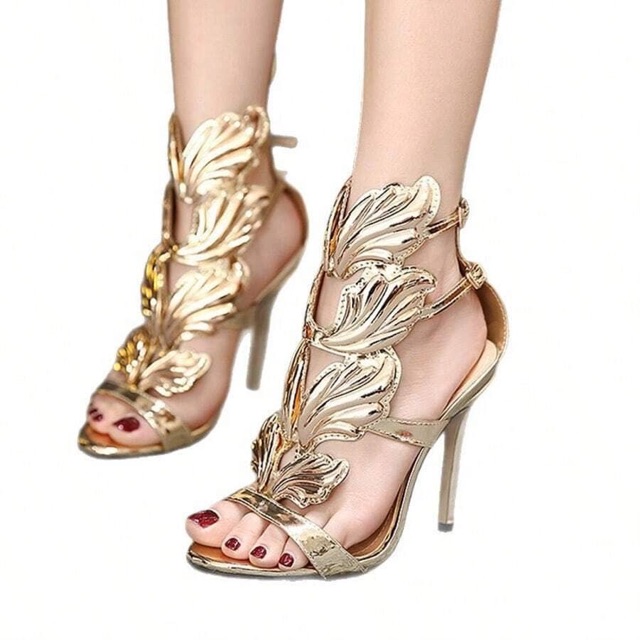 gold leaf strappy stiletto heels