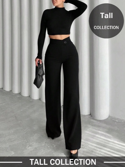 black tall high-waist wide-leg trousers