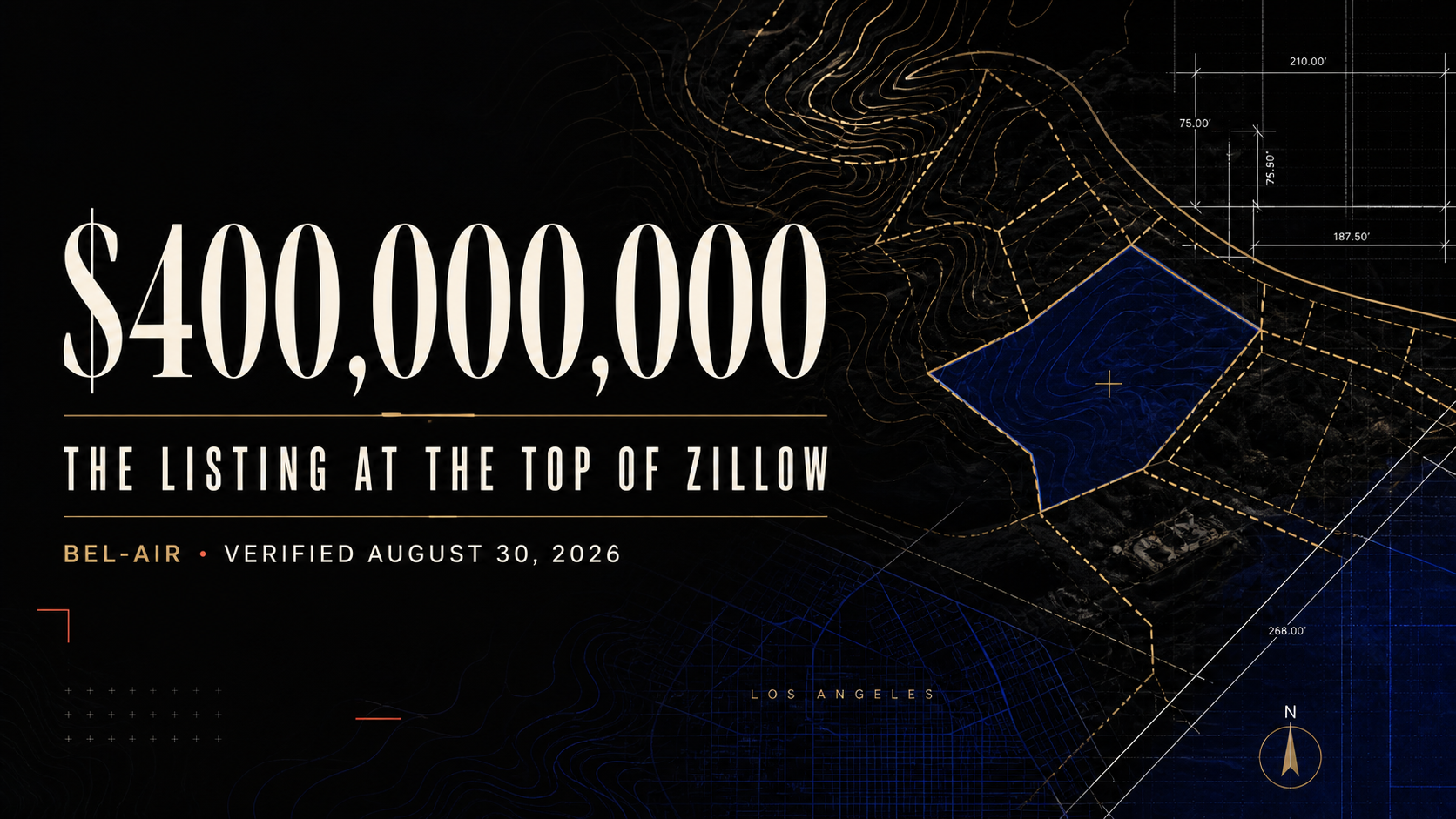 Original editorial illustration reading $400,000,000, The Listing at the Top of Zillow, Bel-Air, verified August 30, 2026.