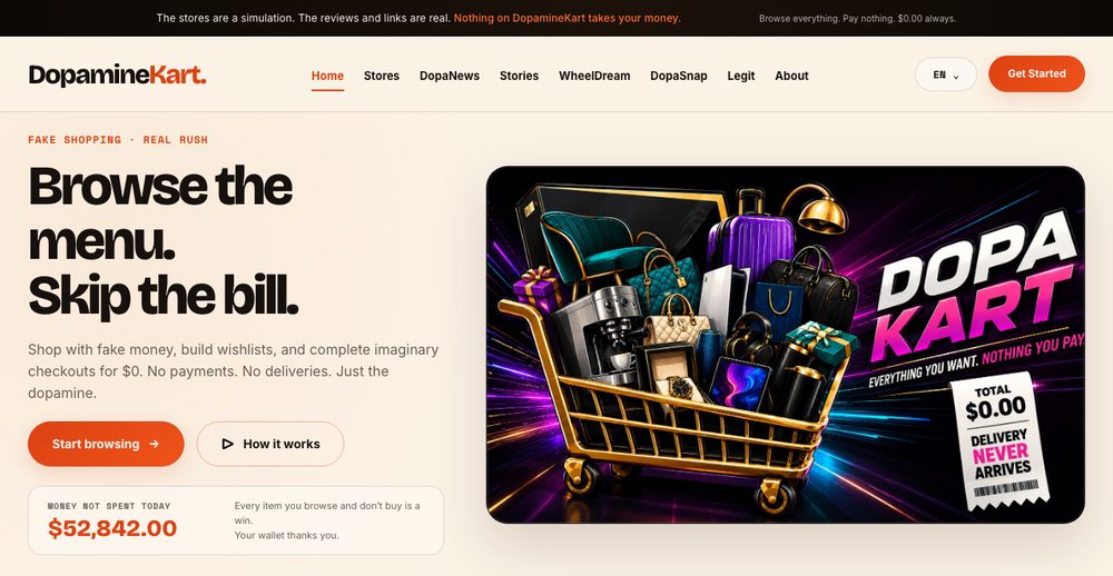 The DopamineKart homepage: a cart full of luxury goods with a receipt reading total $0.00, delivery never arrives.
