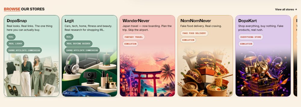 Row of DopamineKart storefront cards: DopaSnap, Legit, WanderNever, NomNomNever and DopaKart, each labelled real or simulation.