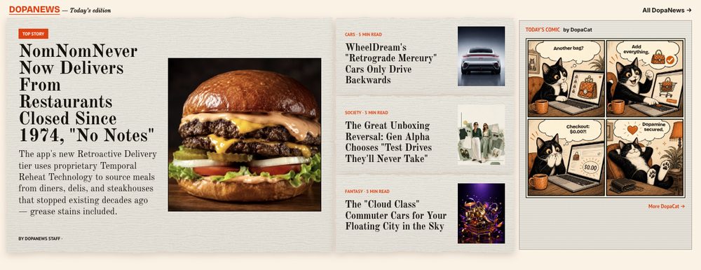 The DopaNews section of the homepage with a satirical top story, briefs, and the daily DopaCat comic strip.