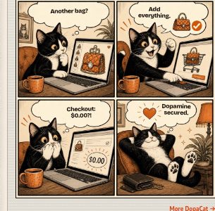 Four-panel DopaCat comic: a cat fills a cart with a luxury handbag and checks out for zero dollars.