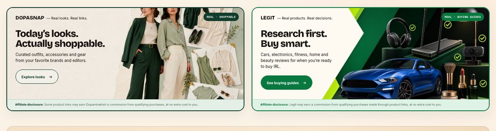 The DopaSnap and Legit panels on the DopamineKart homepage, both stamped Real and carrying affiliate disclosure.