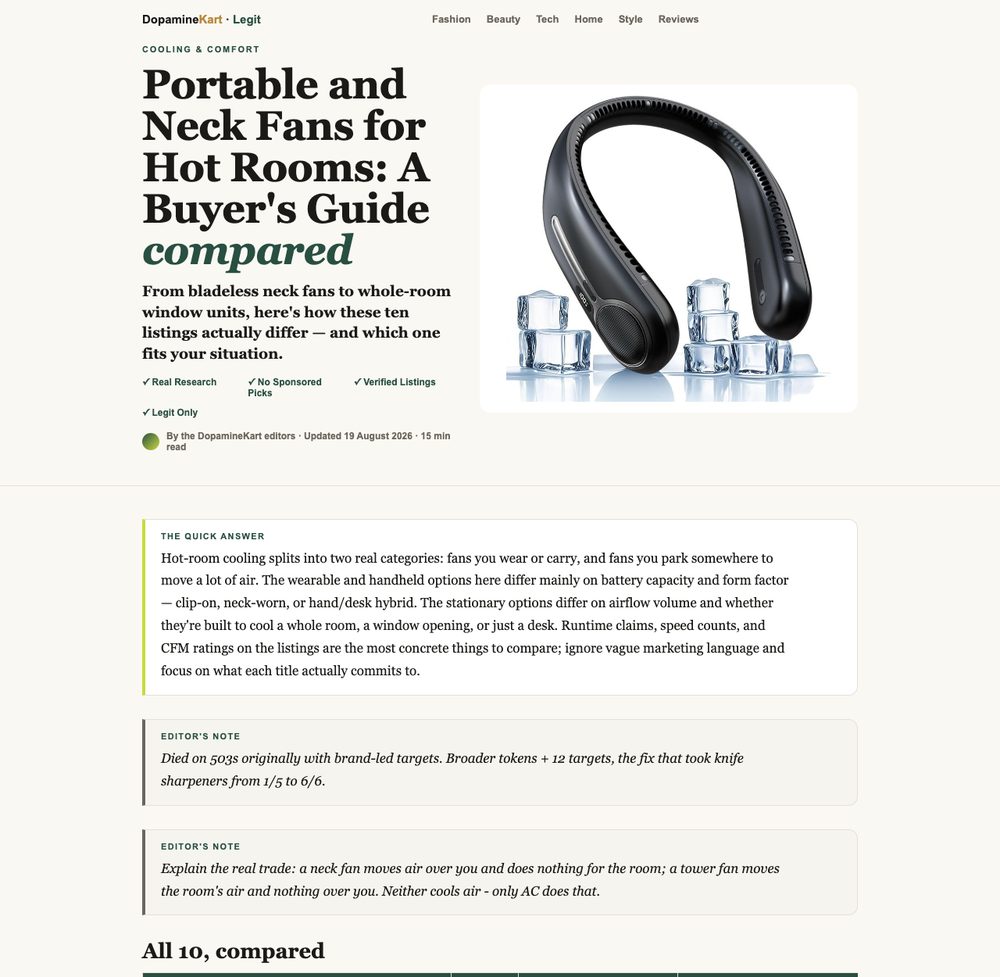 A Legit buying guide page comparing ten portable and neck fans with specifications drawn from listings.