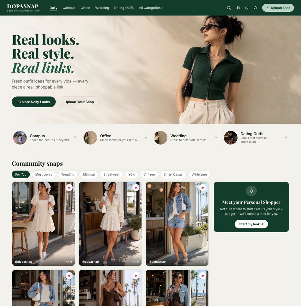 The DopaSnap feed showing shoppable outfit photographs.