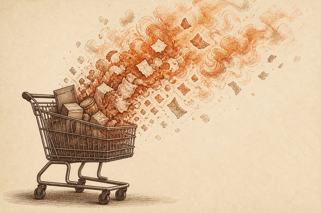 Engraved illustration of a shopping cart whose contents are evaporating upward into smoke and drifting paper.