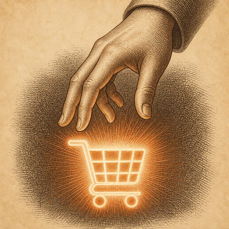 Engraved illustration of a hand hovering just above a glowing shopping-cart icon, not yet touching it.