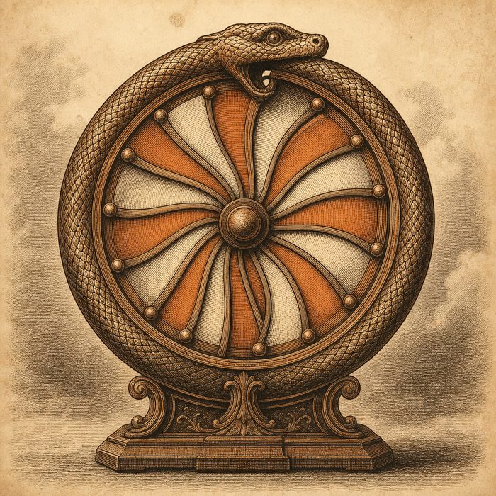 Engraved illustration of a carnival prize wheel encircled by a snake eating its own tail.